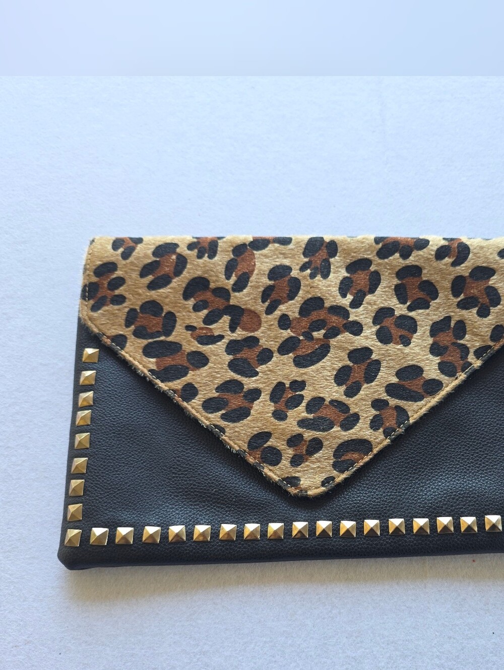 Leopard Print Envelope Clutch with Black Body and Gold Studs
